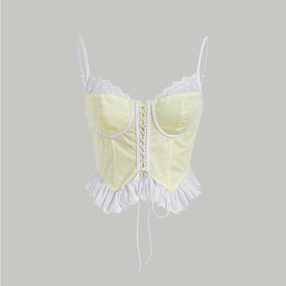 Shein MOD Yellow Lace Up Ruffle Hem Cami Top Women’s M Cotton